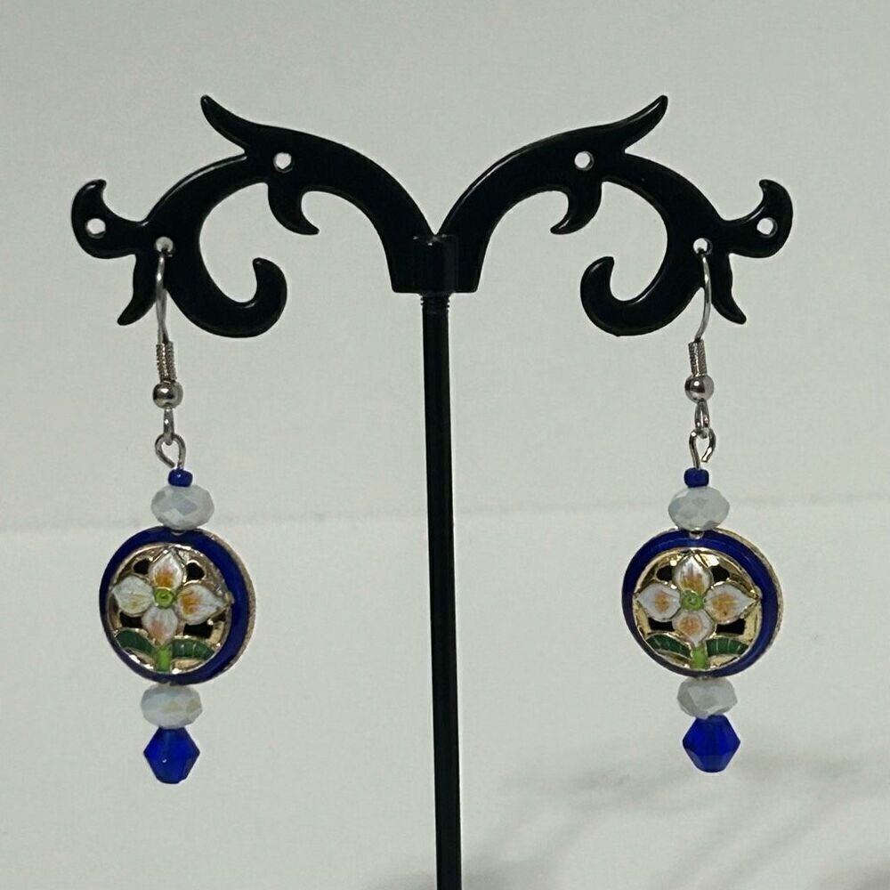 Vintage 1980’s Cloisonne & Beads Dangle Earrings 2" Multicolor Floral Pierced